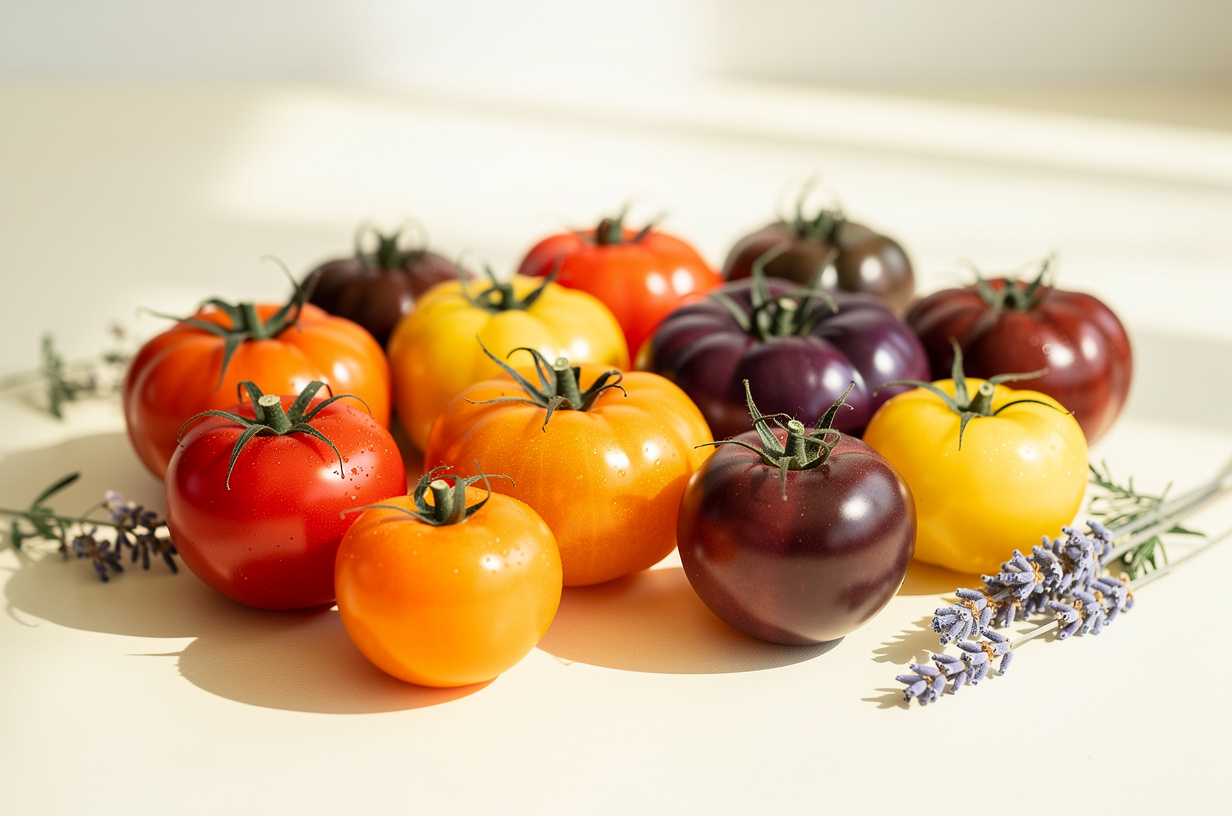 Tomates anciennes de toutes les couleurs, fraîchement cueillies à la ferme