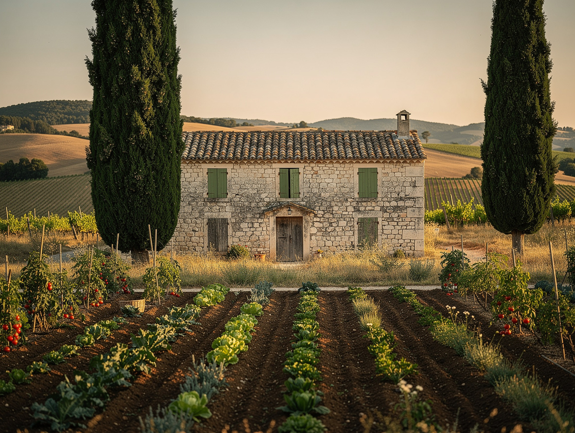 Le mas et les rangs de culture de la ferme, dans la campagne du Luberon
