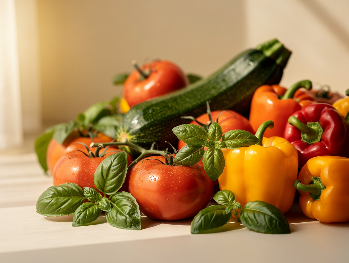 Légumes d’été : tomates, courgettes et basilic