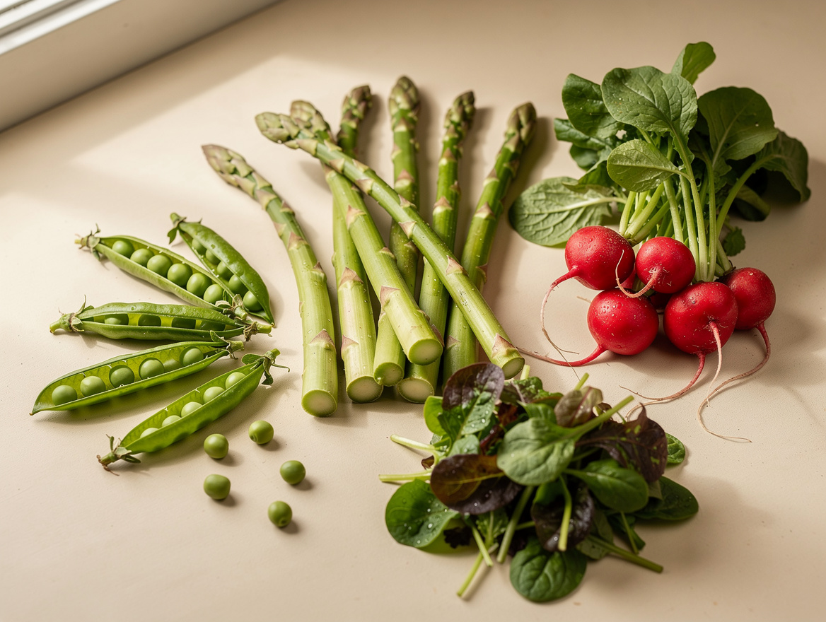 Légumes de printemps : asperges, petits pois et radis